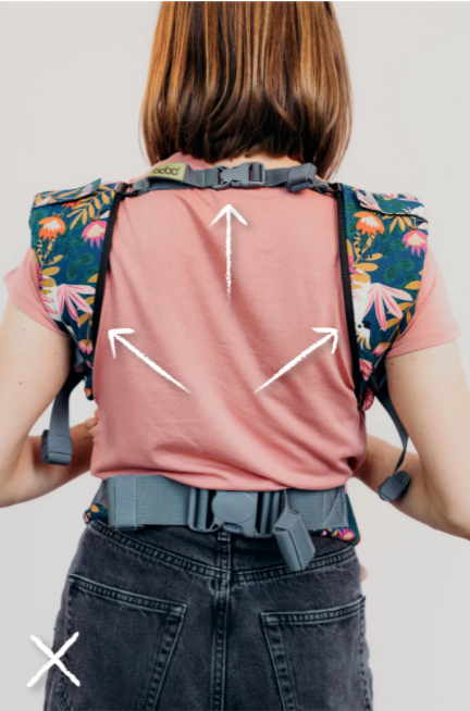 Back view of a woman wearing the boba x baby carrier back strap incorrectly.