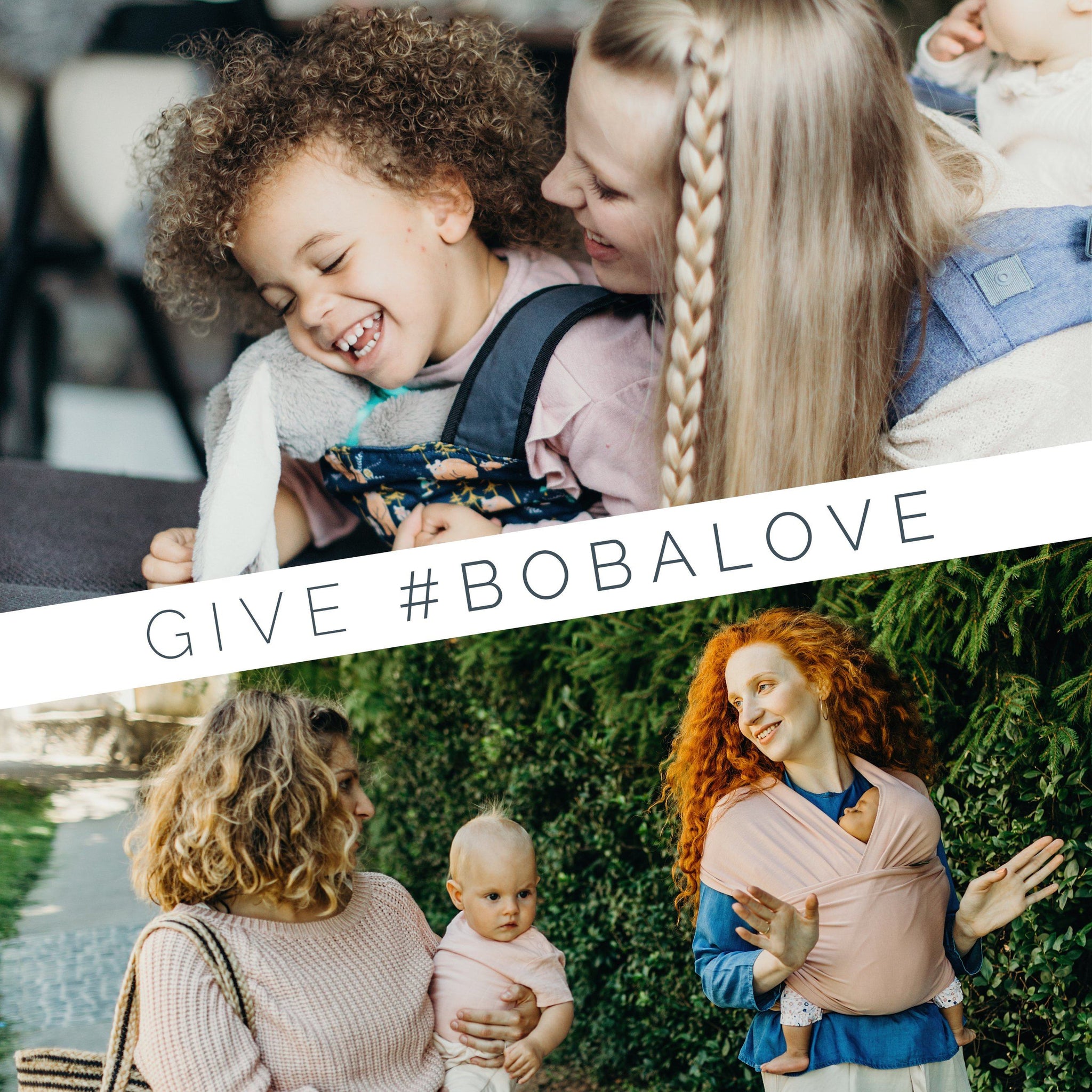 Text "Give #BobaLove" on top of two photos of babywearing moms and their kids